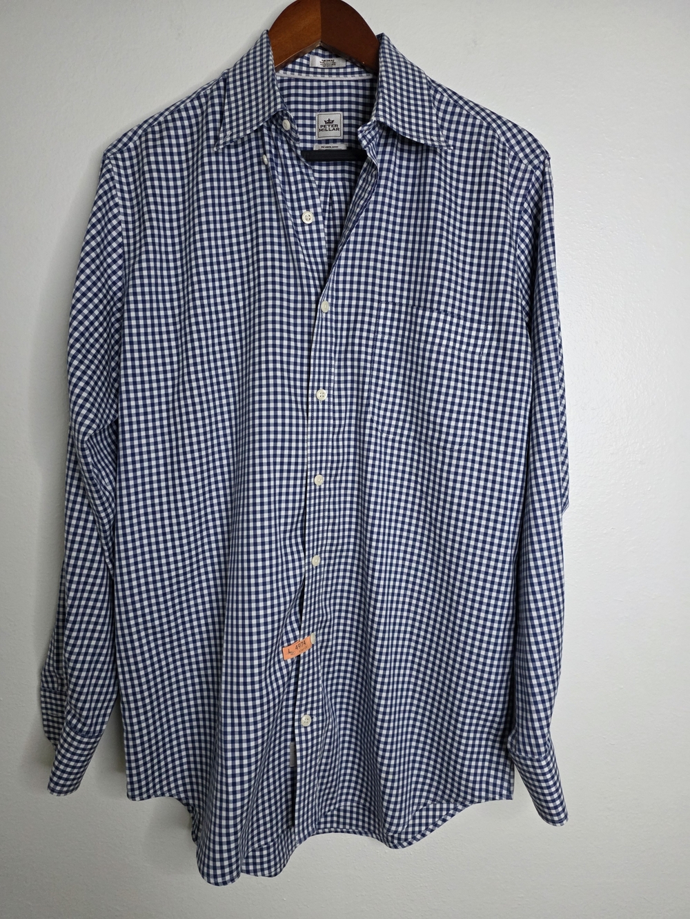 Peter Millar Men’s Navy & White Gingham 100% Cotton Wrinkle Dress Shirt Travel M